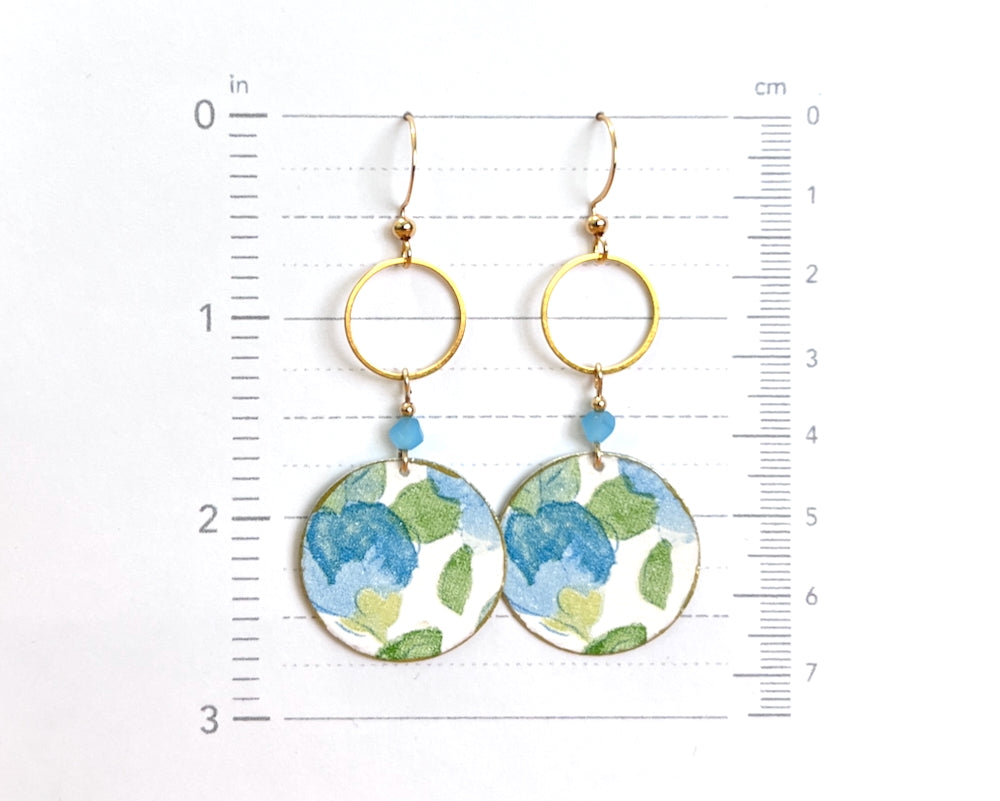 Blue Abstract Floral Print Earrings with Gold Circle Accents