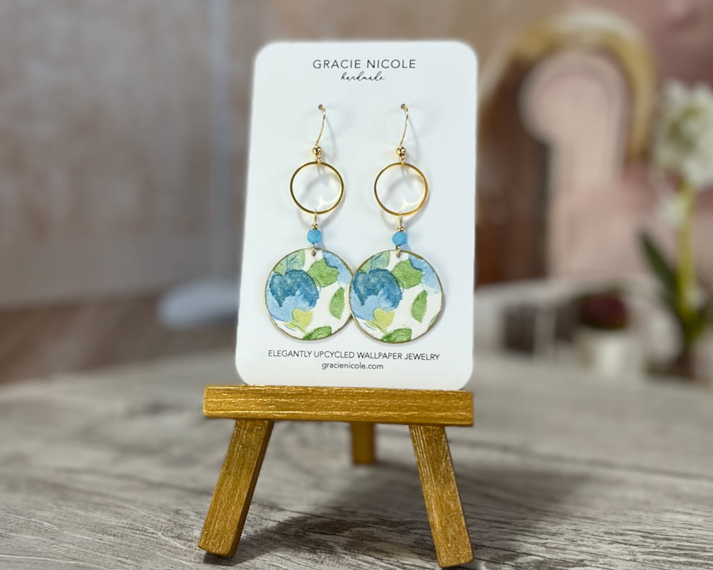 Blue Abstract Floral Print Earrings with Gold Circle Accents
