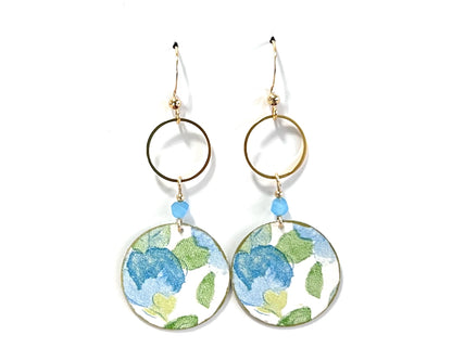 Blue Abstract Floral Print Earrings with Gold Circle Accents