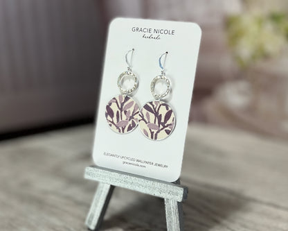 Purple Leaf Print Circle Earrings