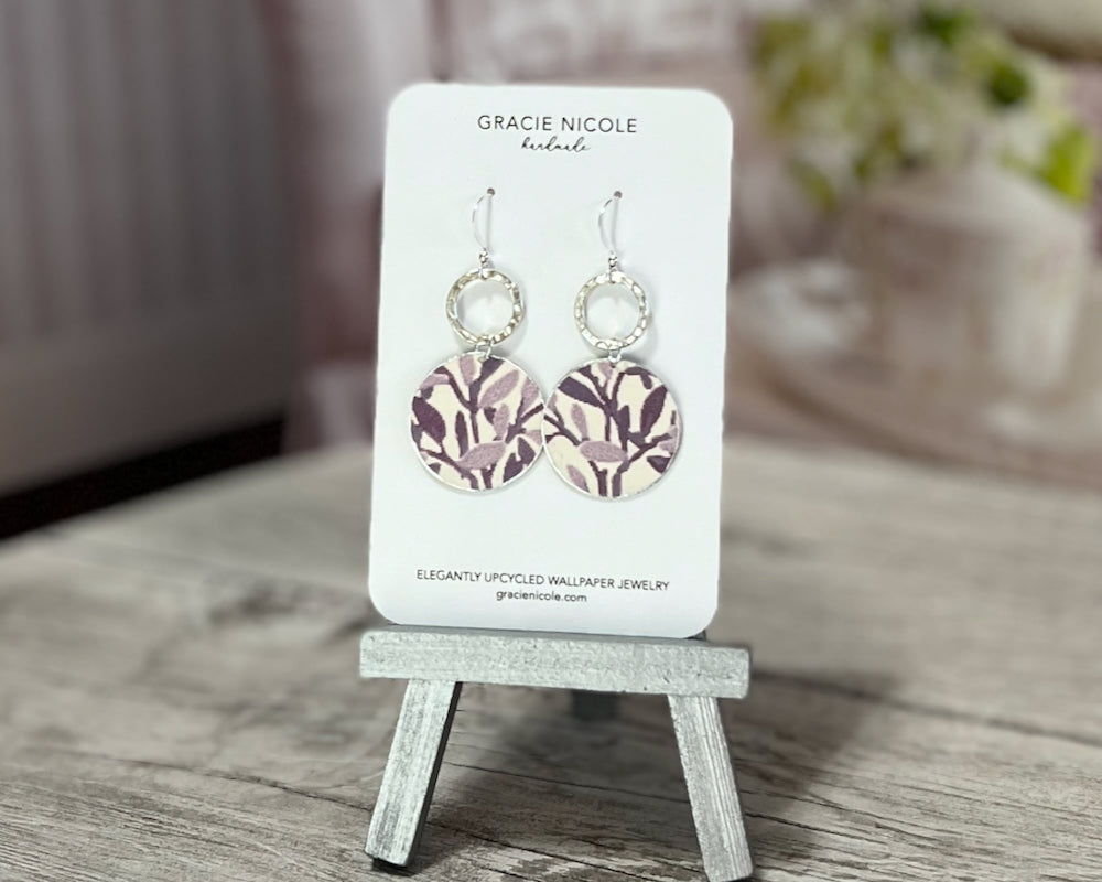 Purple Leaf Print Circle Earrings