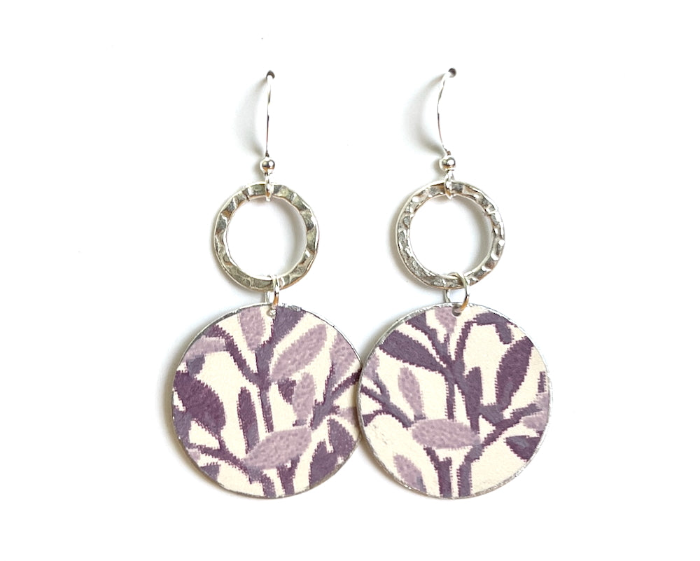 Purple Leaf Print Circle Earrings