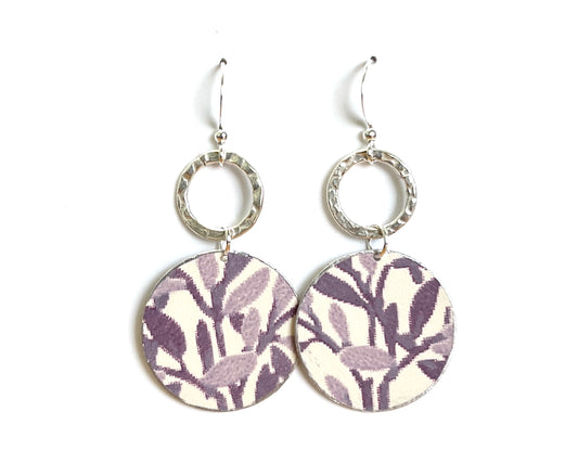 Purple Leaf Print Circle Earrings