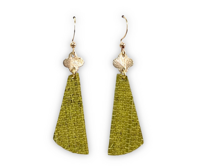 Green Grasscloth Earrings with Gold Clover Accent