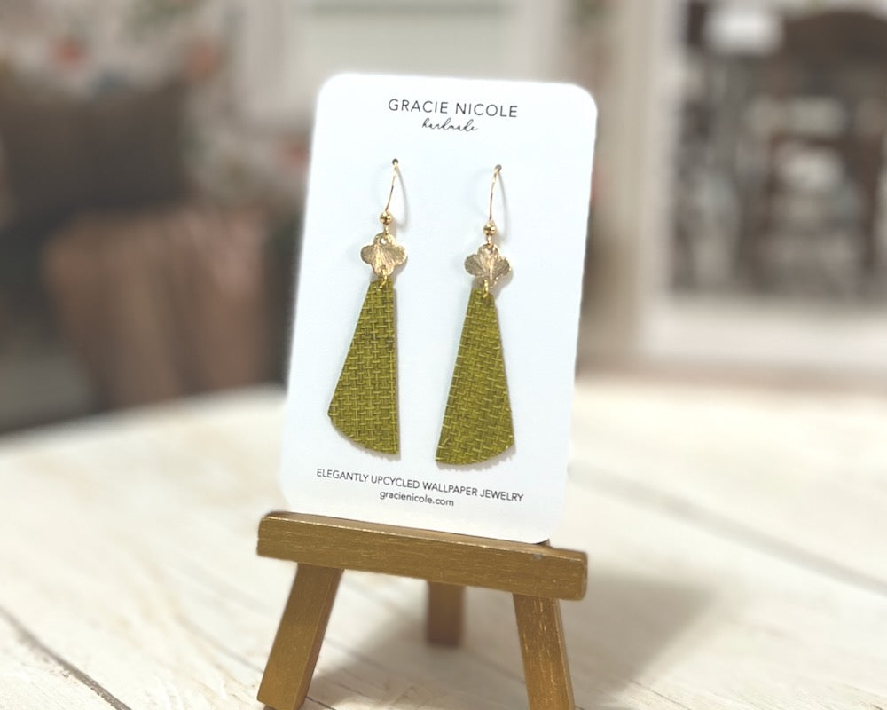 Green Grasscloth Earrings with Gold Clover Accent