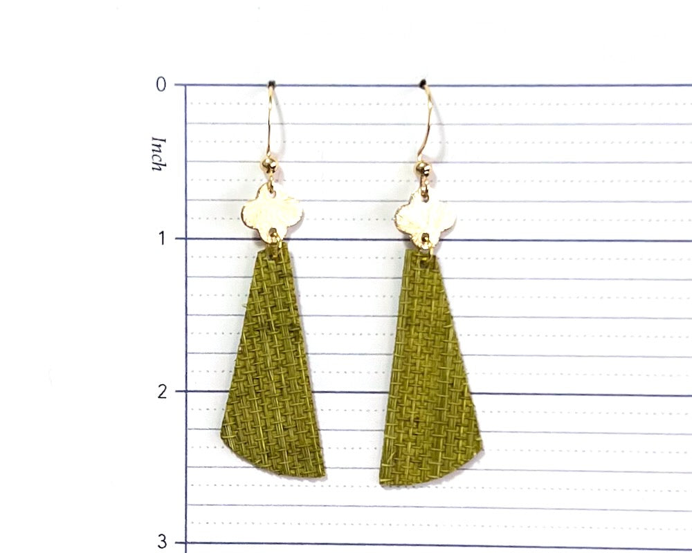 Green Grasscloth Earrings with Gold Clover Accent