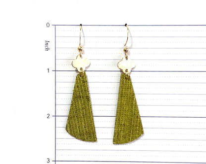 Green Grasscloth Earrings with Gold Clover Accent