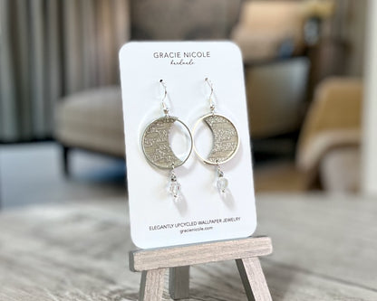 Sparkly Grey Crescent Moon Earrings with Crystal Bead Dangles