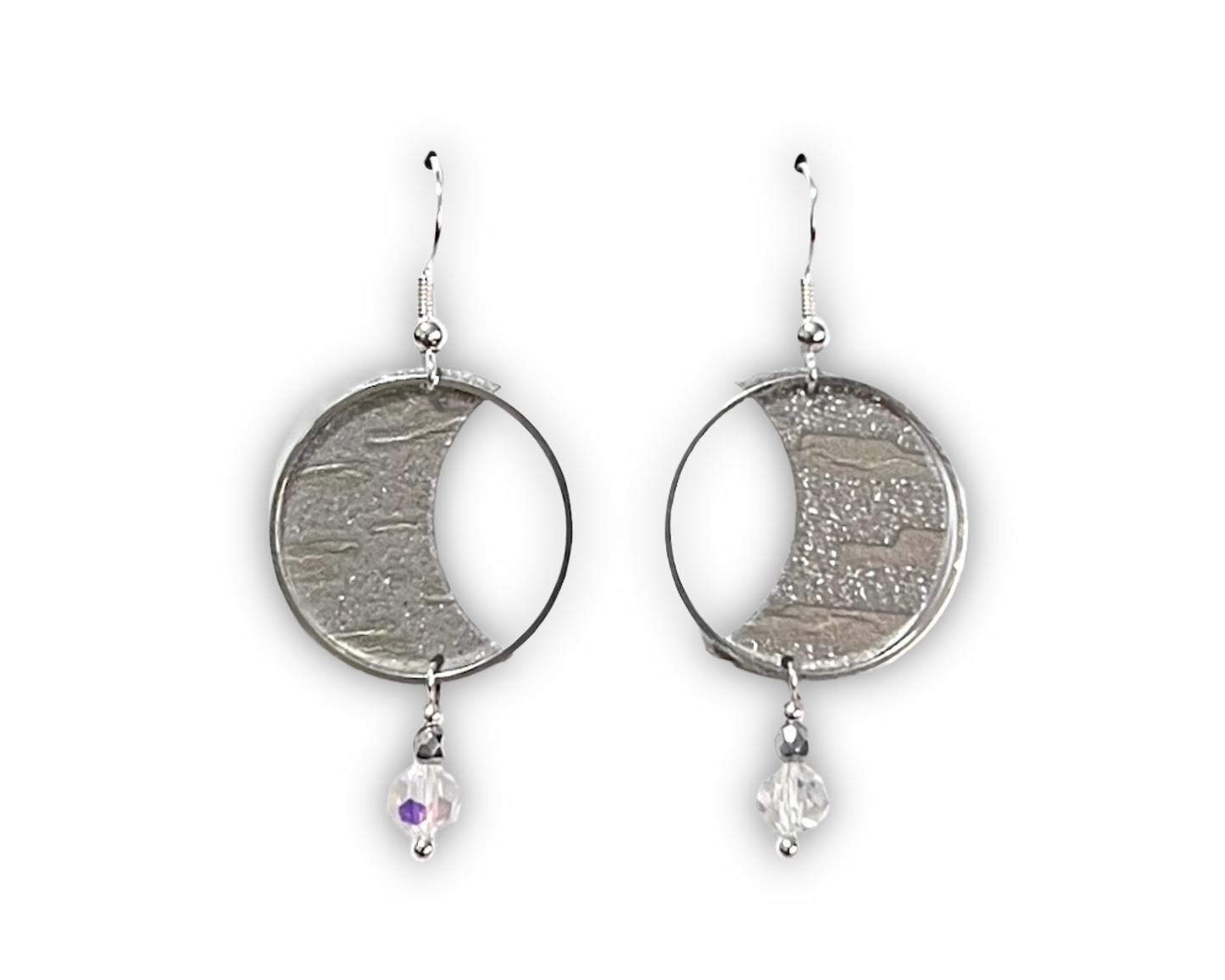 Crescent moon-shaped silver grey sparkle earrings with crystal bead dangles by Gracie Nicole