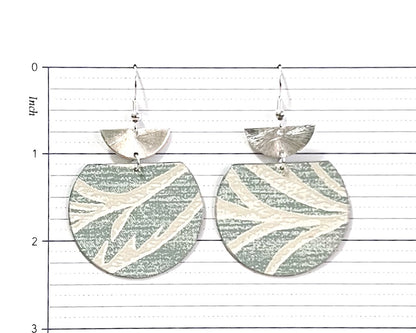 Sage Green Organic Print Wallpaper Earrings with Silver Semicircle Accents