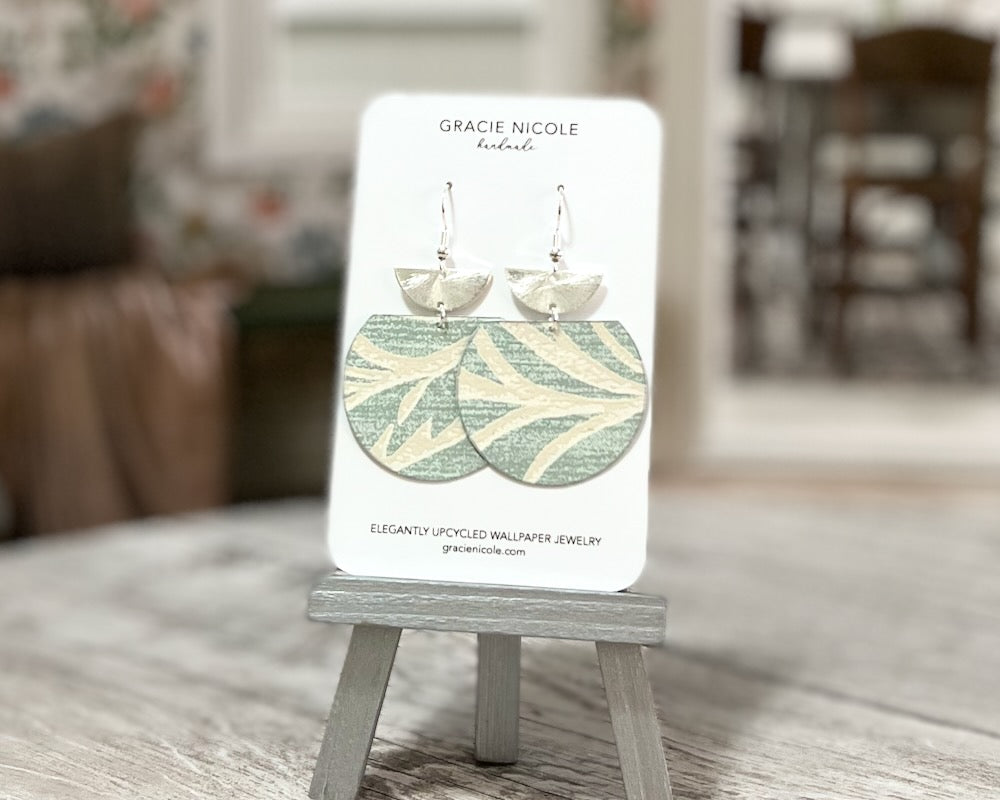 Sage Green Organic Print Wallpaper Earrings with Silver Semicircle Accents