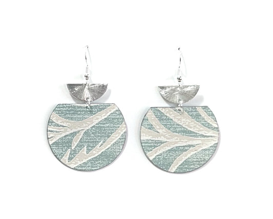 Sage Green Organic Print Wallpaper Earrings with Silver Semicircle Accents