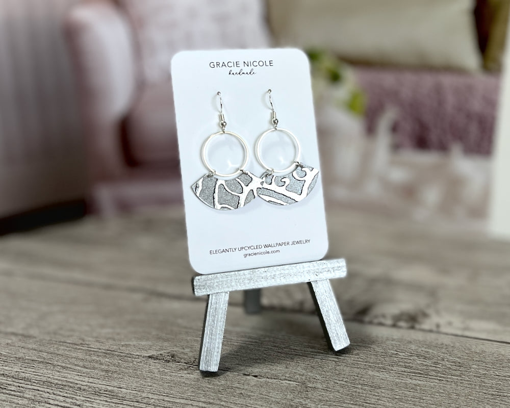 Abstract Silver Damask Pattern Earrings with Silver Circles
