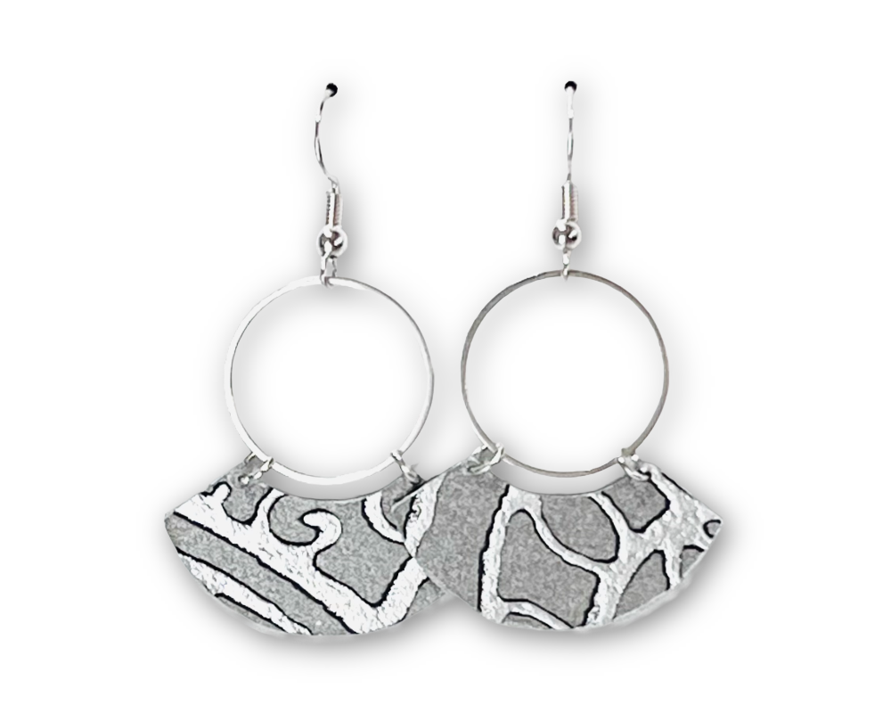 Abstract Silver Damask Pattern Earrings with Silver Circles