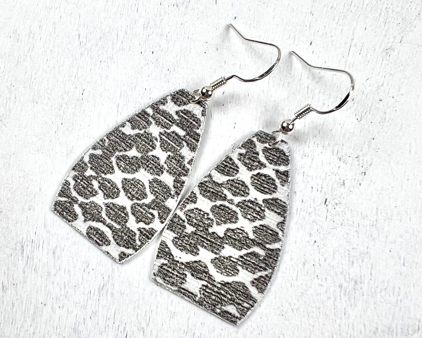 Long Pear-Shaped Silver Snakeskin Print Earrings