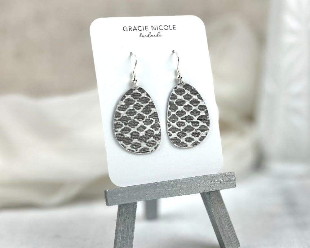 Silvery-Grey Snakeskin Print Large Asymmetrical Oval Earrings