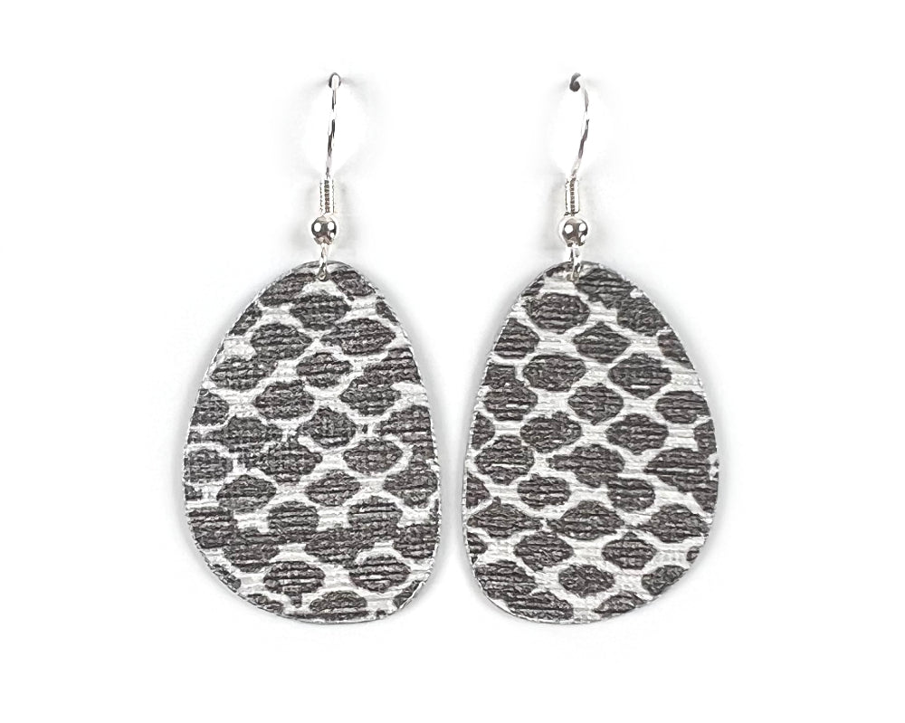 Silvery-Grey Snakeskin Print Large Asymmetrical Oval Earrings