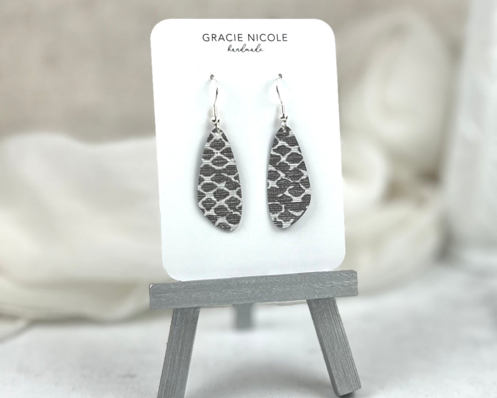 Silvery-Grey Snakeskin Print Wing-Shaped Earrings