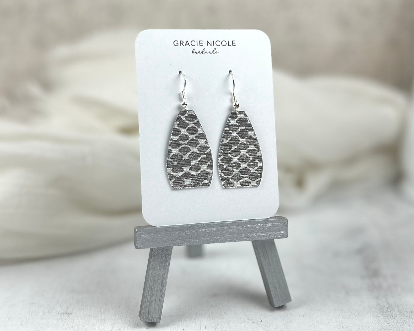 Long Pear-Shaped Silver Snakeskin Print Earrings