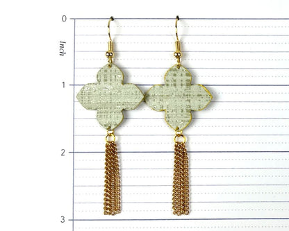 Soft Sage Quatrefoil Earrings with Gold Tassels