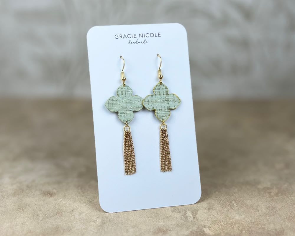 Soft Sage Quatrefoil Earrings with Gold Tassels