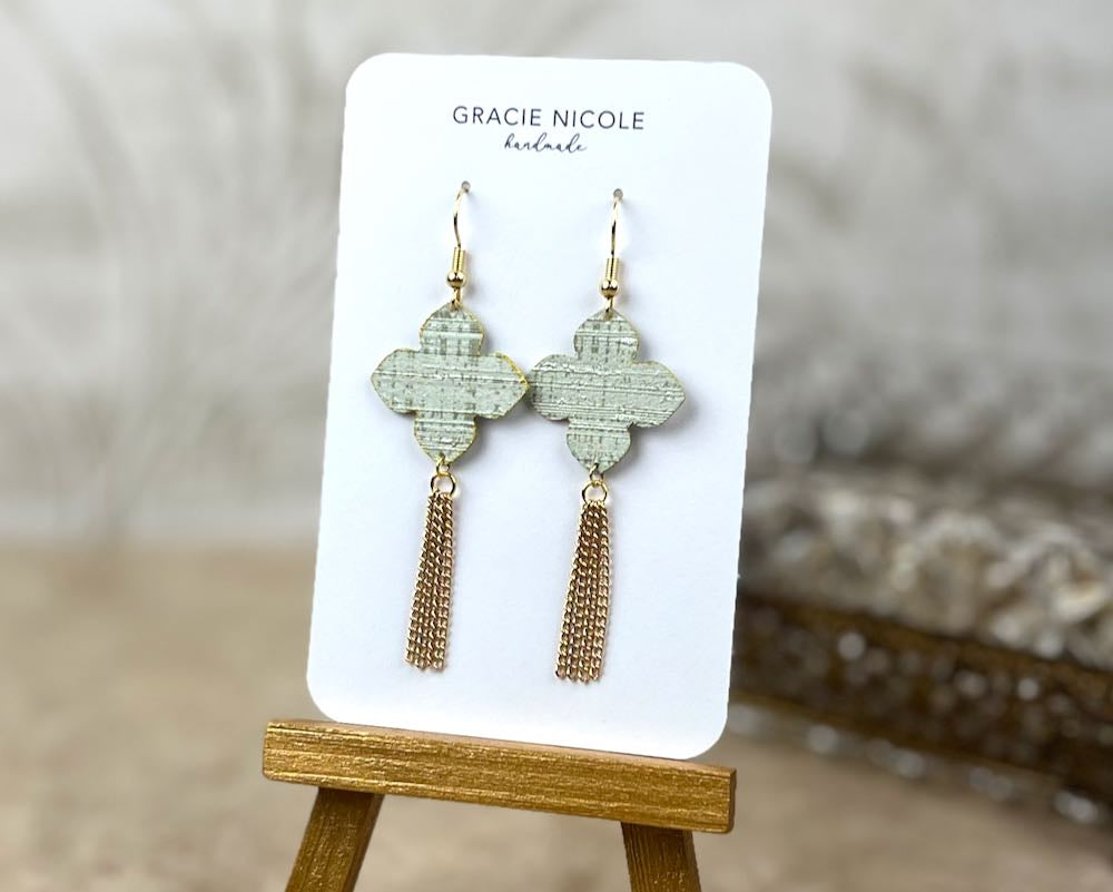 Soft Sage Quatrefoil Earrings with Gold Tassels