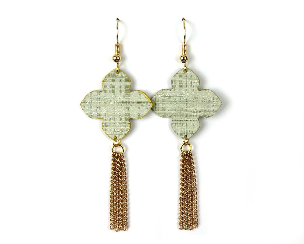 Soft Sage Quatrefoil Earrings with Gold Tassels