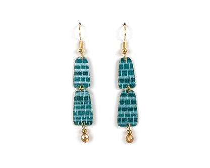 Teal Grasscloth Layered Arches Earrings with Gold Bead Dangles