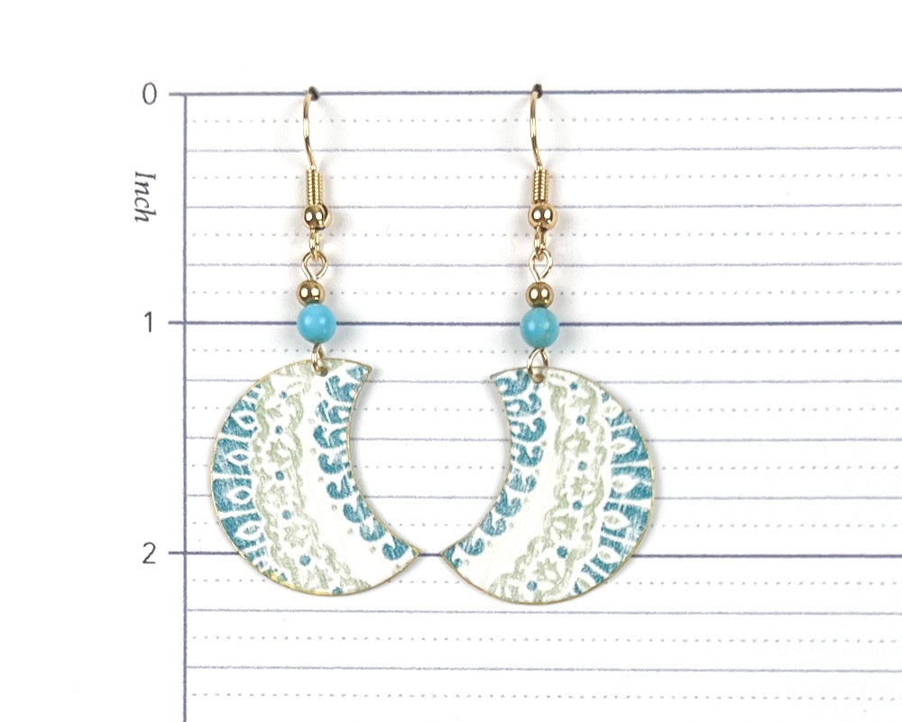 Teal and Green Crescent Drop Earrings with Bead Accents