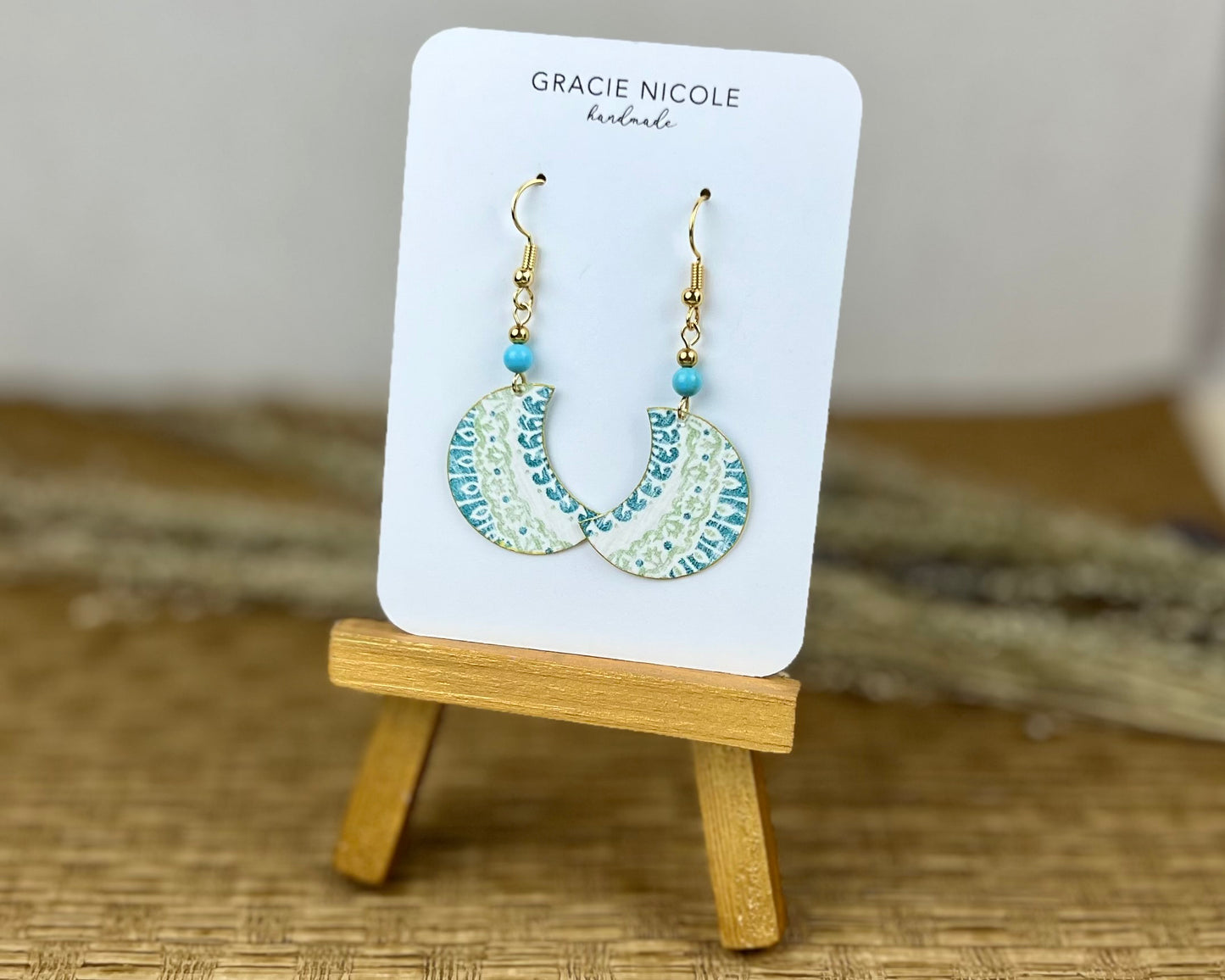 Teal and Green Crescent Drop Earrings with Bead Accents