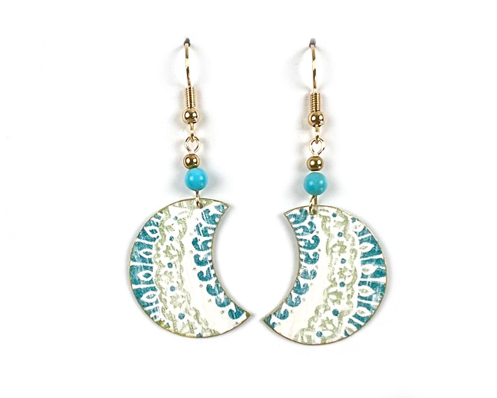 Teal and Green Crescent Drop Earrings with Bead Accents