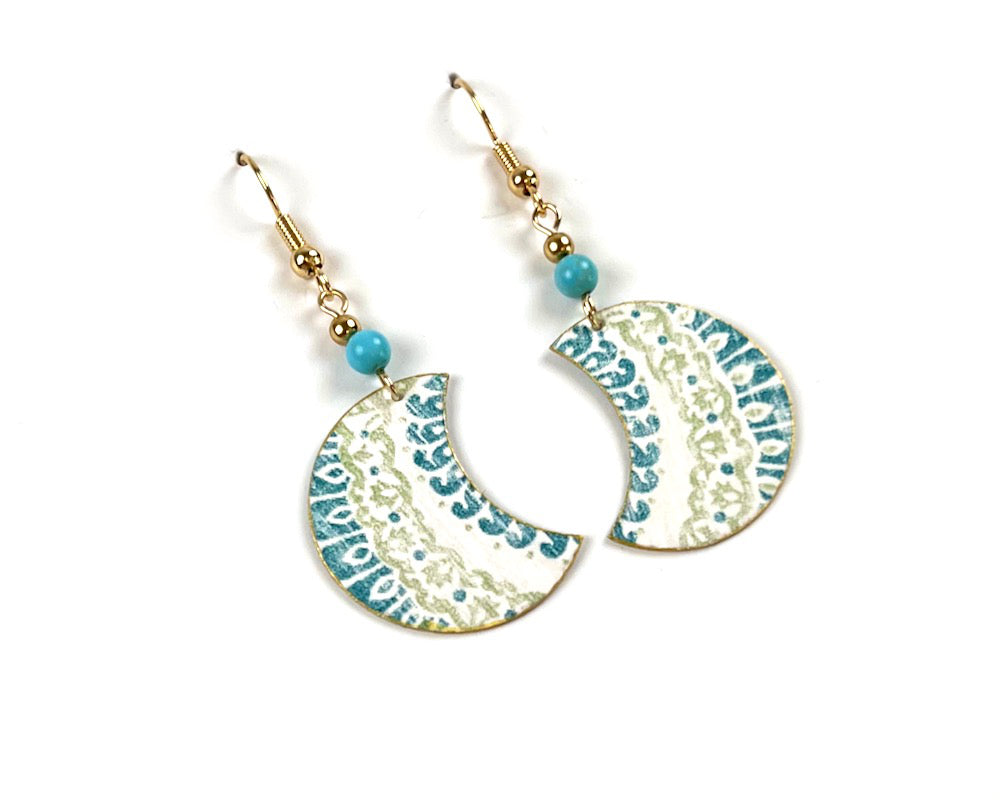 Teal and Green Crescent Drop Earrings with Bead Accents