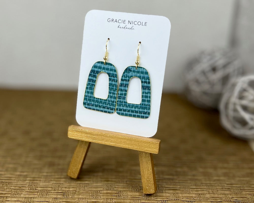 Teal Grasscloth Open Arch Earrings - Large