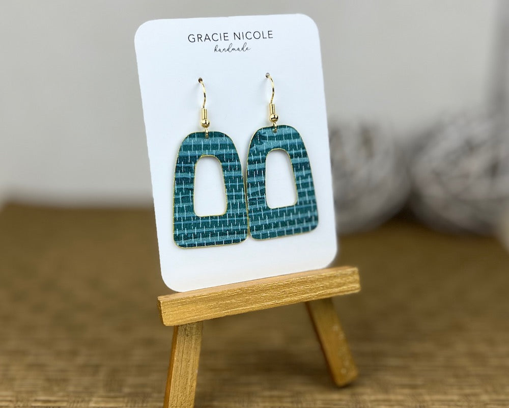 Teal Grasscloth Open Arch Earrings - Large