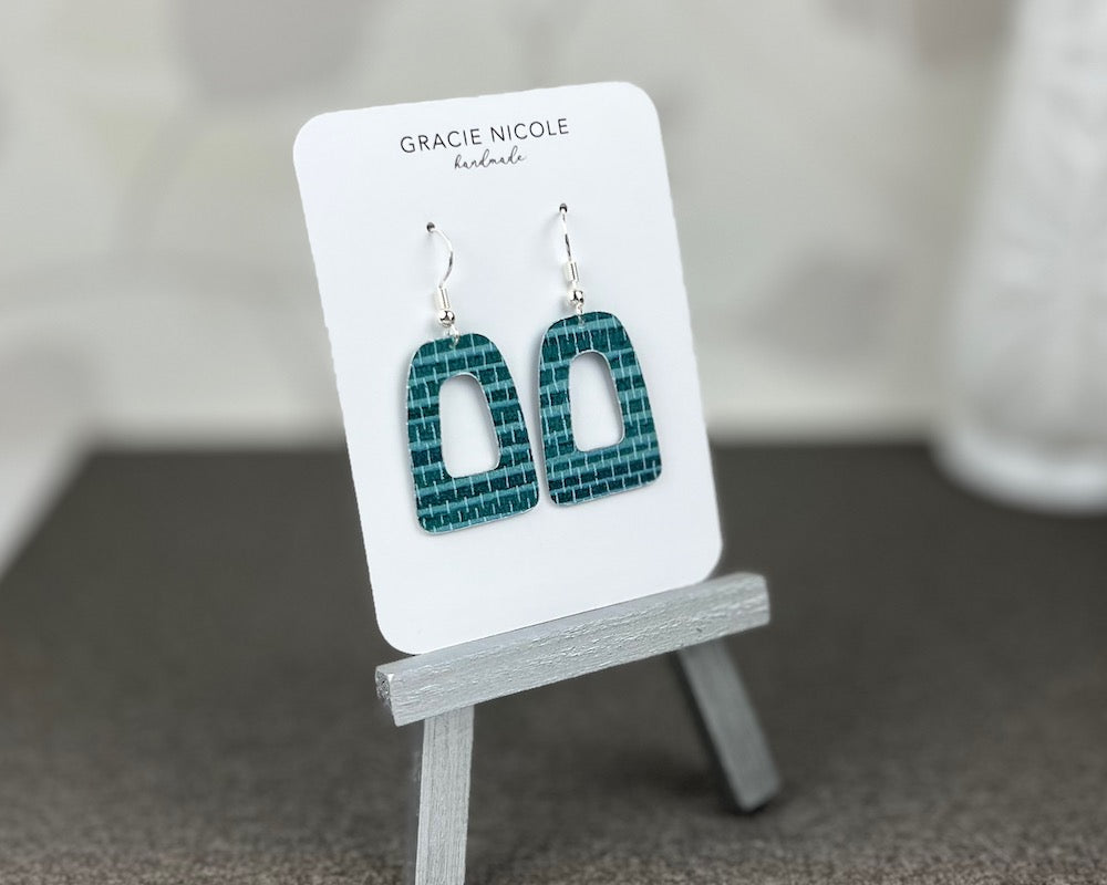 Teal Grasscloth Open Arch Earrings - Small - Silver