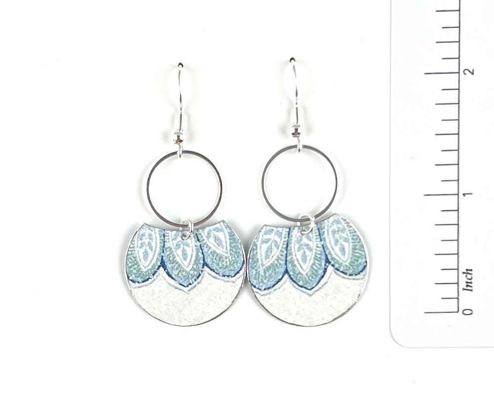 Sweet Blue and Silver Earrings with Floral Leaf Print