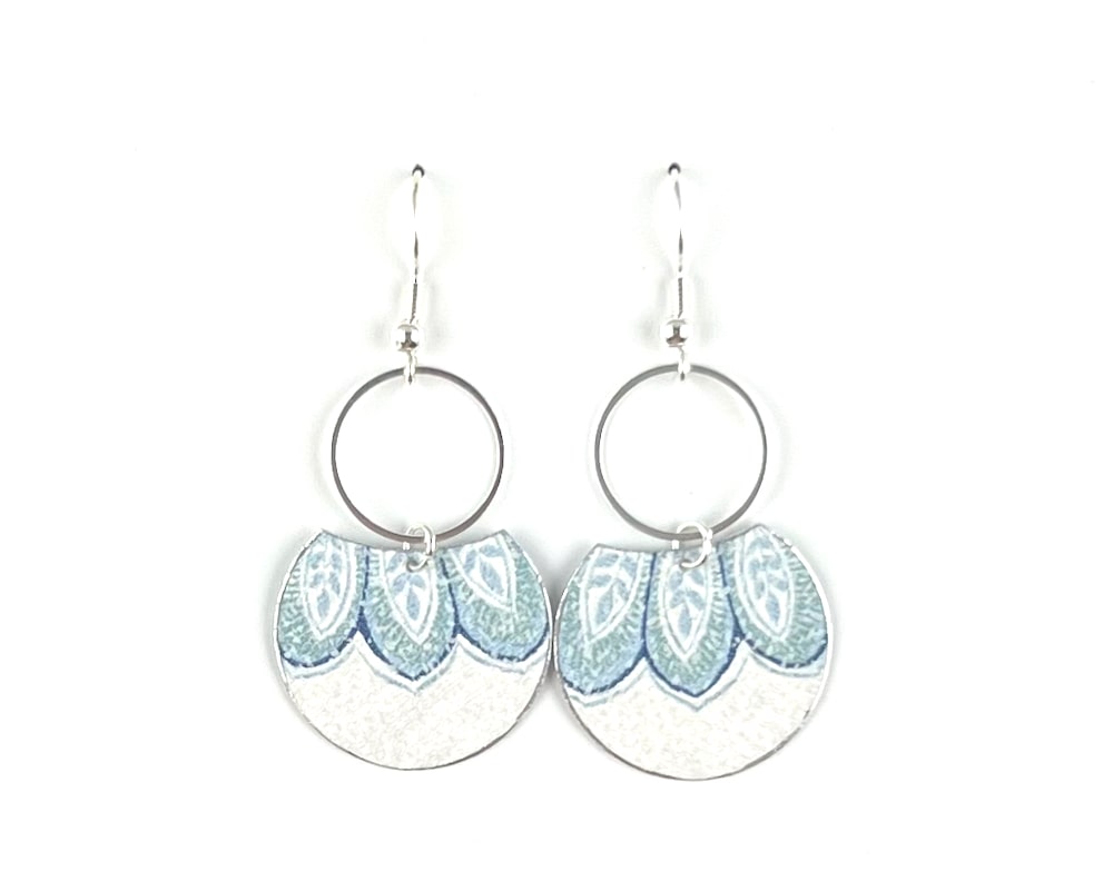 Sweet Blue and Silver Earrings with Floral Leaf Print