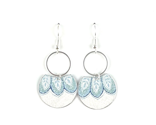 Sweet Blue and Silver Earrings with Floral Leaf Print